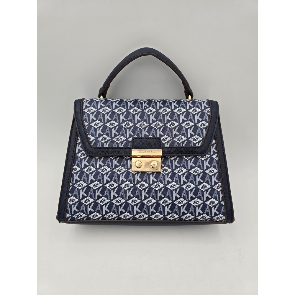 Anne Klein Navy White Monogram Lion Logo Satchel Top Handle Bag Gold Hardware
